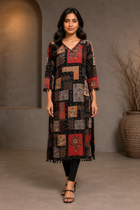 Black Printed Straight Kurti with Pom-Pom Detail