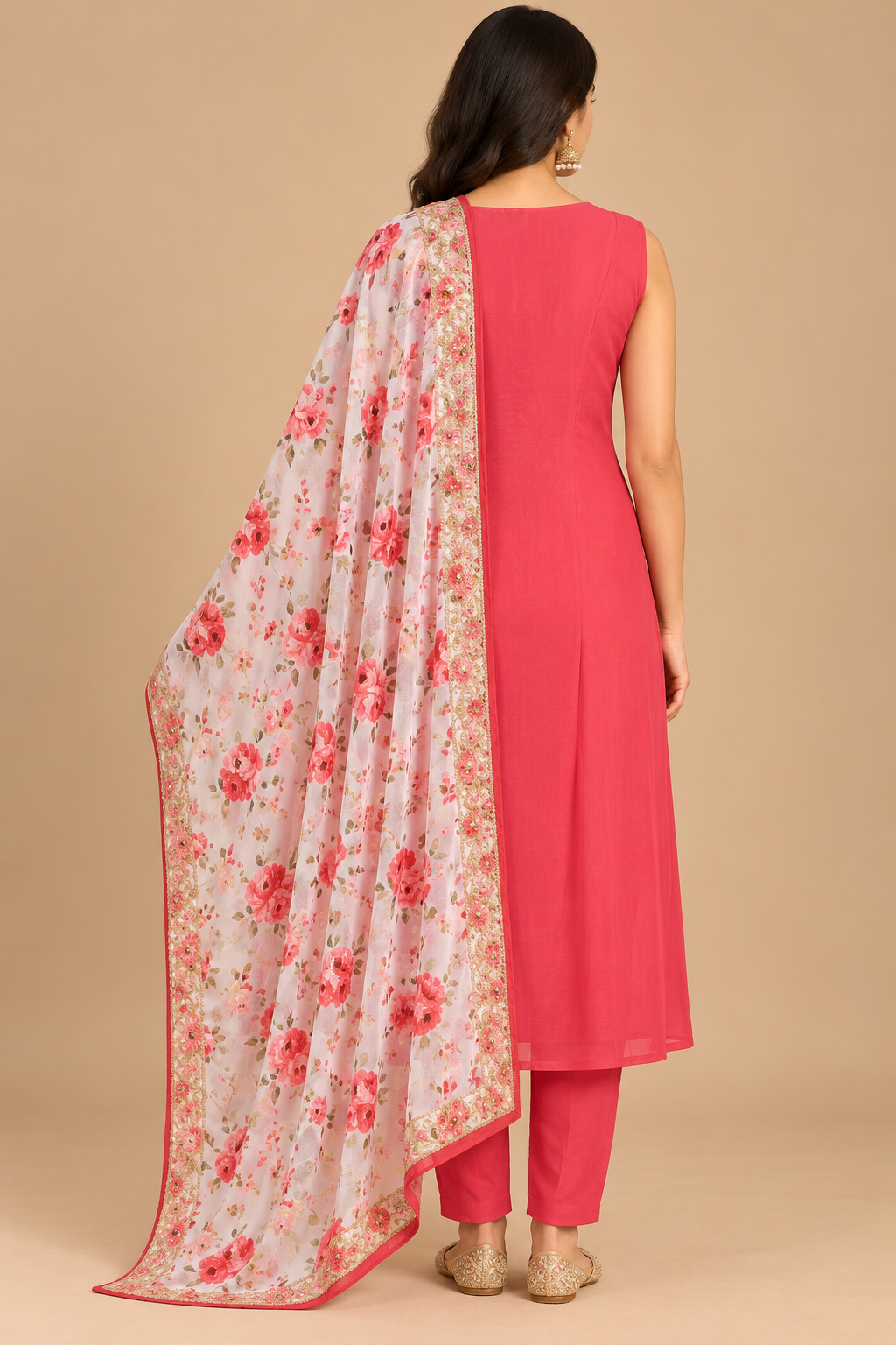 Coral red Straight-Cut Salwar Suit Set with Floral Printed Dupatta