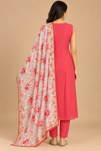 Coral red Straight-Cut Salwar Suit Set with Floral Printed Dupatta