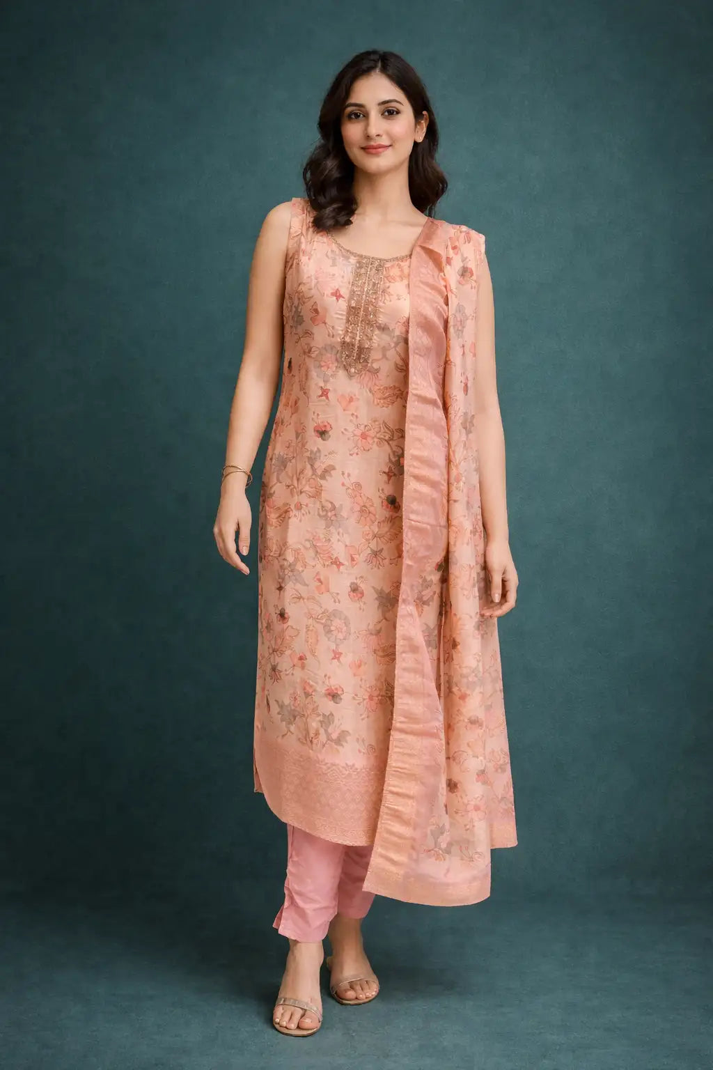 Peach Floral Printed Kurta Set with Dupatta
