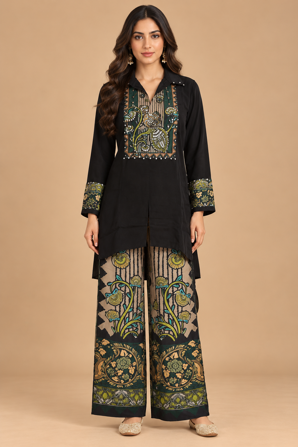 Black Printed Kurta Set with Multicolour Floral Palazzo Pants