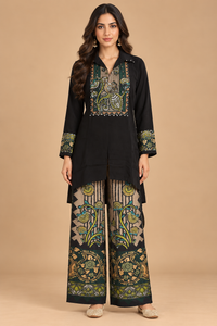 Black Printed Kurta Set with Multicolour Floral Palazzo Pants