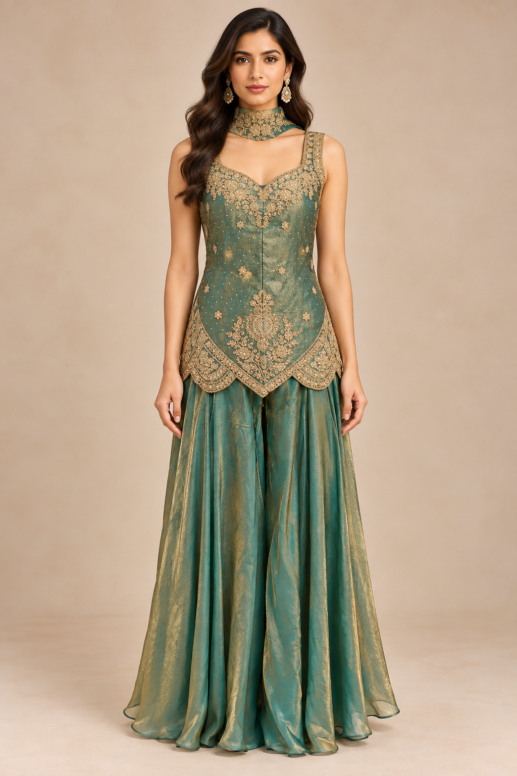 Sage Teal Organza Sharara Set