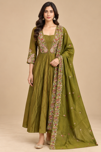 Olive Green Mul Chanderi Embroidered Anarkali Suit Set