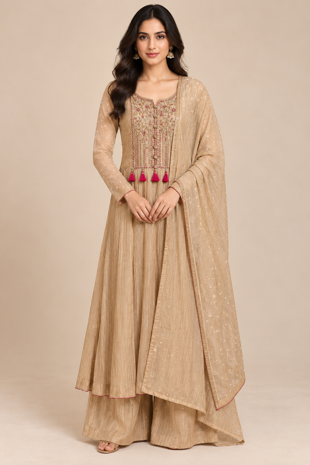 Beige Embroidered Anarkali Palazzo Suit Set with Dupatta