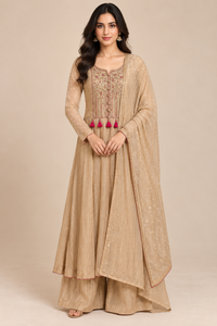Beige Embroidered Anarkali Palazzo Suit Set with Dupatta