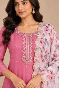 Pink Embroidered Kurta Set with Floral Printed Dupatta