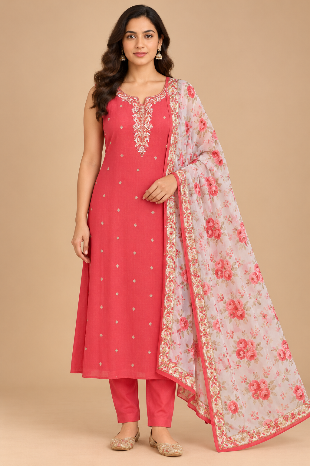 Coral red Straight-Cut Salwar Suit Set with Floral Printed Dupatta