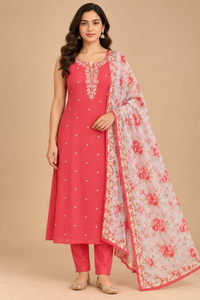 Coral red Straight-Cut Salwar Suit Set with Floral Printed Dupatta