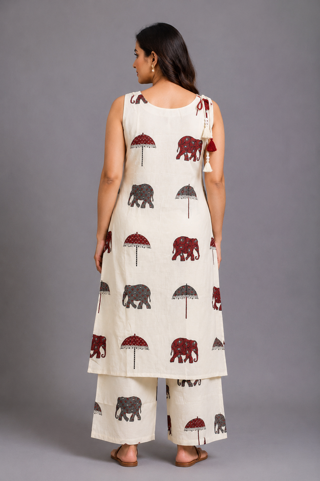 Ivory Printed Kurta Palazzo Set with Elephant & Umbrella Motifs