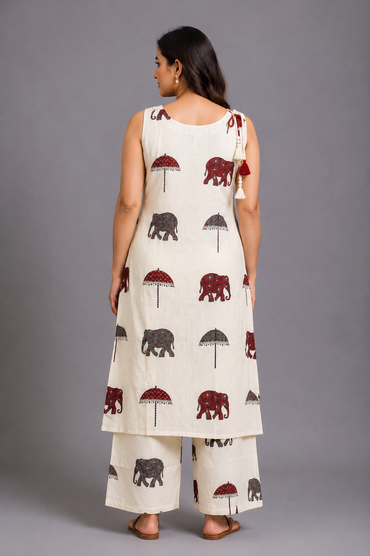 Ivory Printed Kurta Palazzo Set with Elephant & Umbrella Motifs