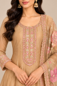 Champagne Beige Embroidered Kurta Pant Set with Pink Floral Dupatta