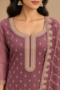 Mauve Purple Embroidered Straight Suit Set with Printed Dupatta