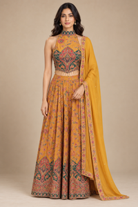 Mustard Yellow Printed Embroidered Lehenga Set with Dupatta