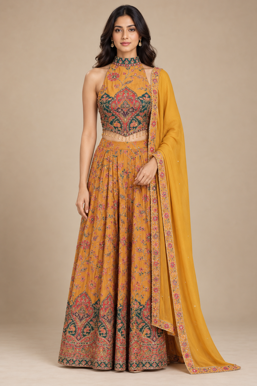 Mustard Yellow Printed Embroidered Lehenga Set with Dupatta