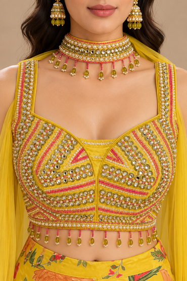 Yellow Floral Printed Palazzo Set with Embellished Crop Top & Dupatta
