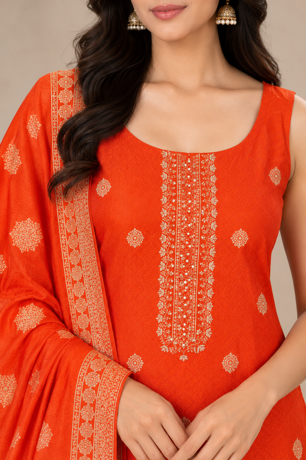 Orange Embroidered Kurta Set with Printed Dupatta