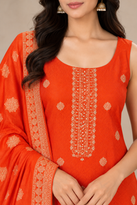 Orange Embroidered Kurta Set with Printed Dupatta
