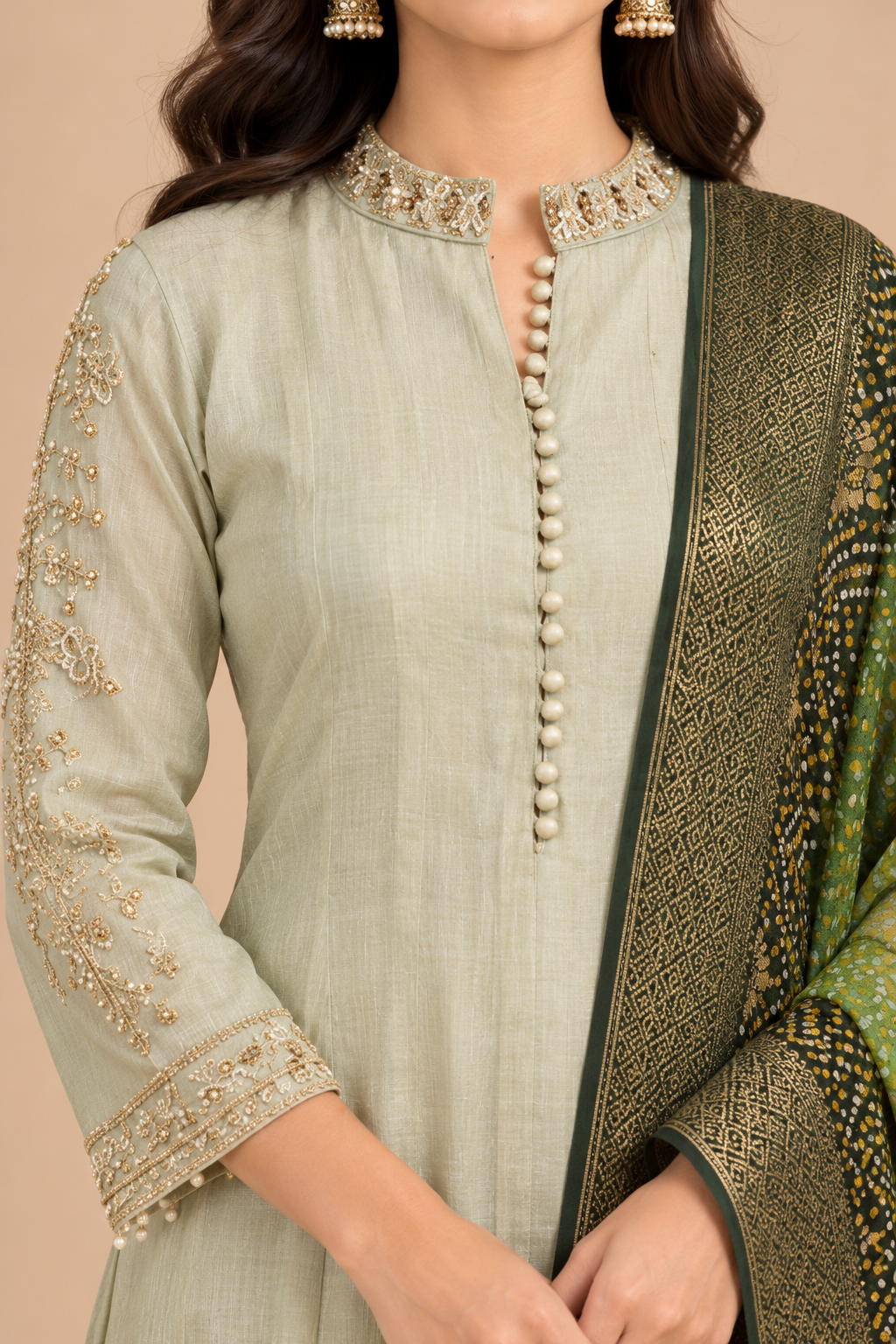 Sage Green Straight Kurta Pant Set with Green Printed Dupatta