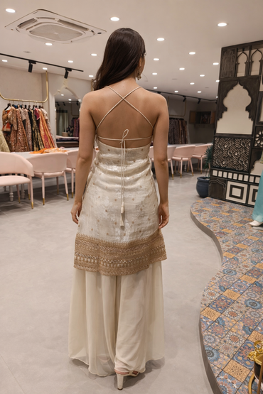 Elegant Cream Embroidered Brocade Silk Kurta Sharara Set with Dupatta for Women