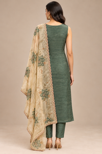 Bottle Green Embroidered Straight Kurta Pant Set with Floral Dupatta