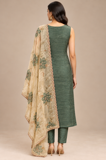 Bottle Green Embroidered Straight Kurta Pant Set with Floral Dupatta