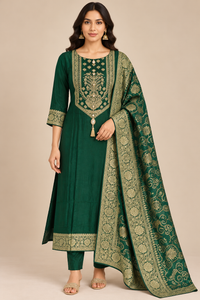 Dark Green Embroidered Kurta Set with Gold Brocade Dupatta