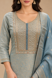 Powder Blue Embroidered Straight Kurta Pant Set with Dupatta
