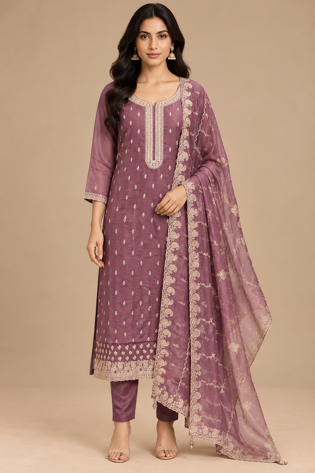 Mauve Purple Embroidered Straight Suit Set with Printed Dupatta
