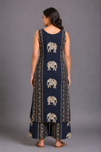 Navy Blue Elephant Print Kurta Palazzo Set with Tassel Detailing