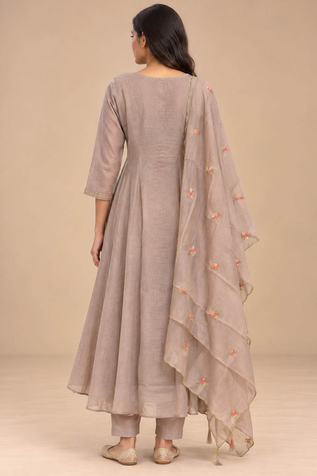 Taupe Mul Chanderi Floral Embroidered Straight-Cut Suit Set