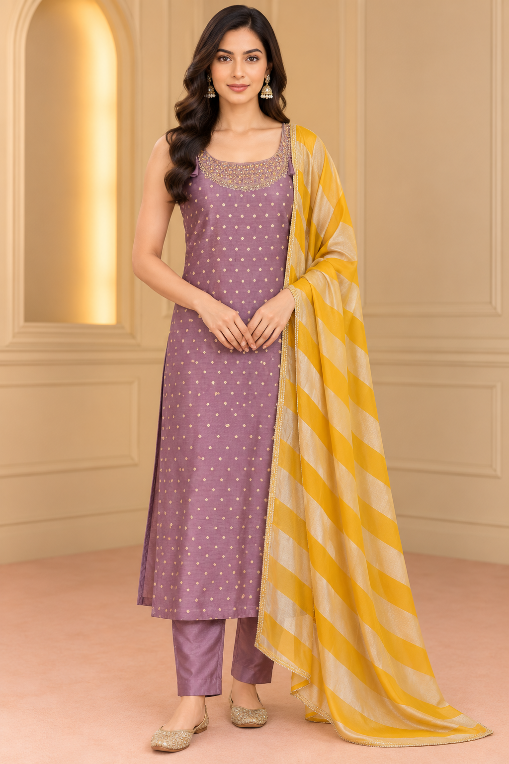 Lavender Purple & Yellow Embroidered Kurta Set with Dupatta