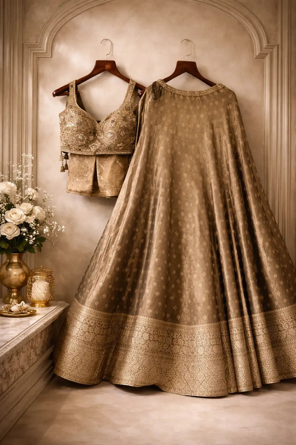 silk boho dress Champagne Gold Bridal Zardosi Lehenga sequins and gota work. Jacquard Silk Lehenga Choli -