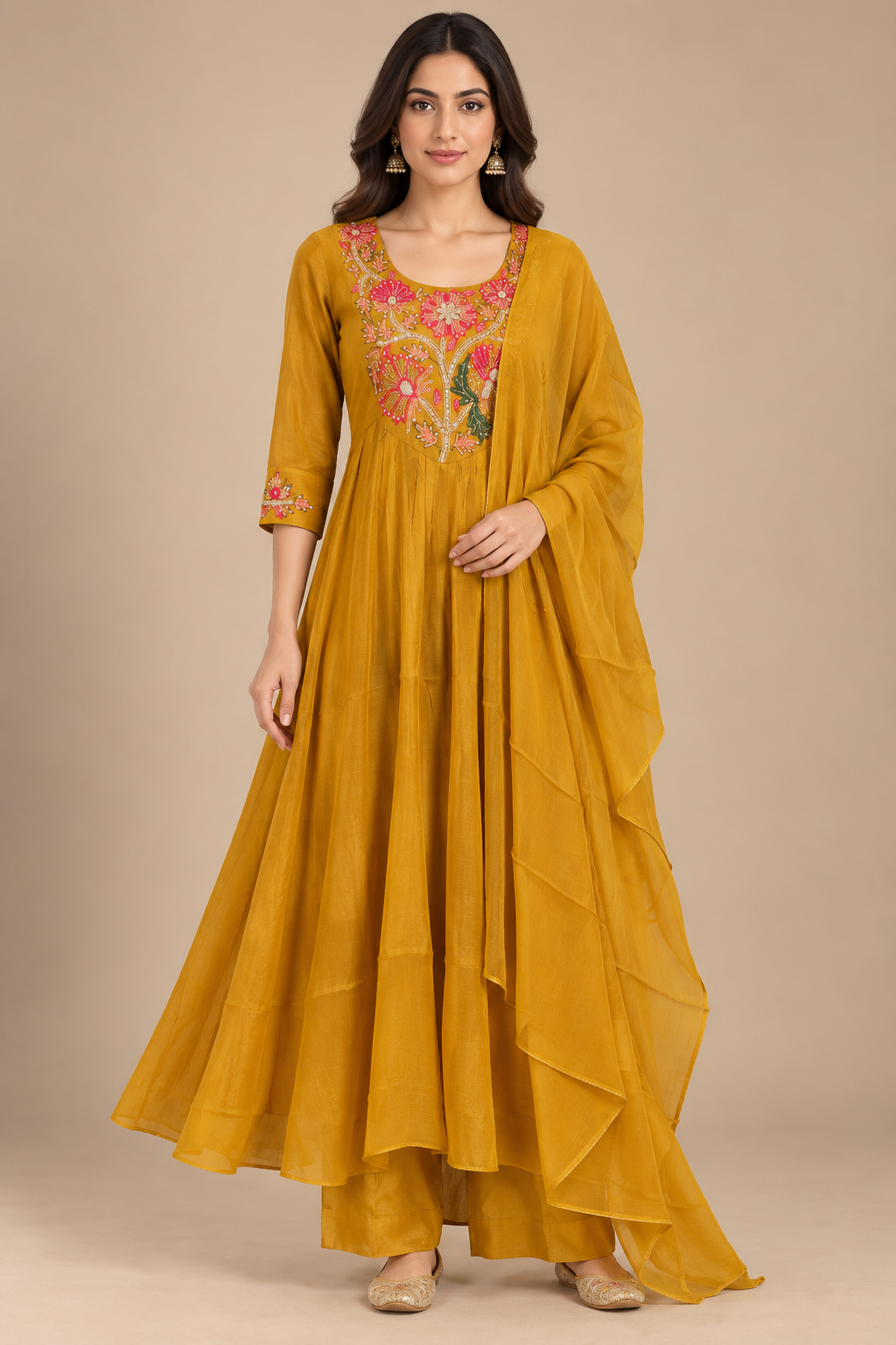 Mustard Yellow Embroidered Anarkali Suit Set with Dupatta