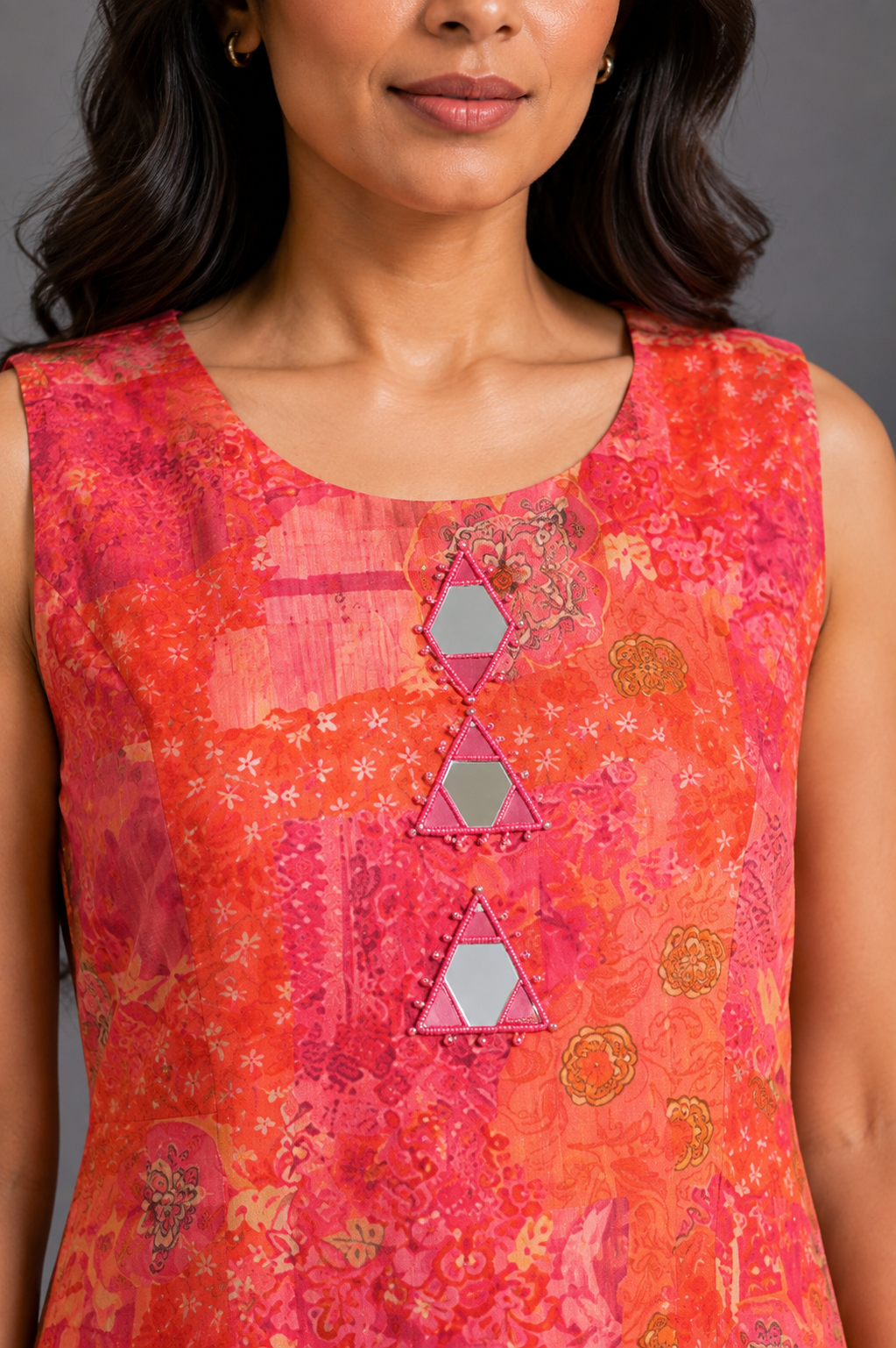 Coral Pink Printed Kurta Palazzo Set with Mirror Work