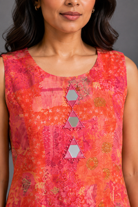 Coral Pink Printed Kurta Palazzo Set with Mirror Work