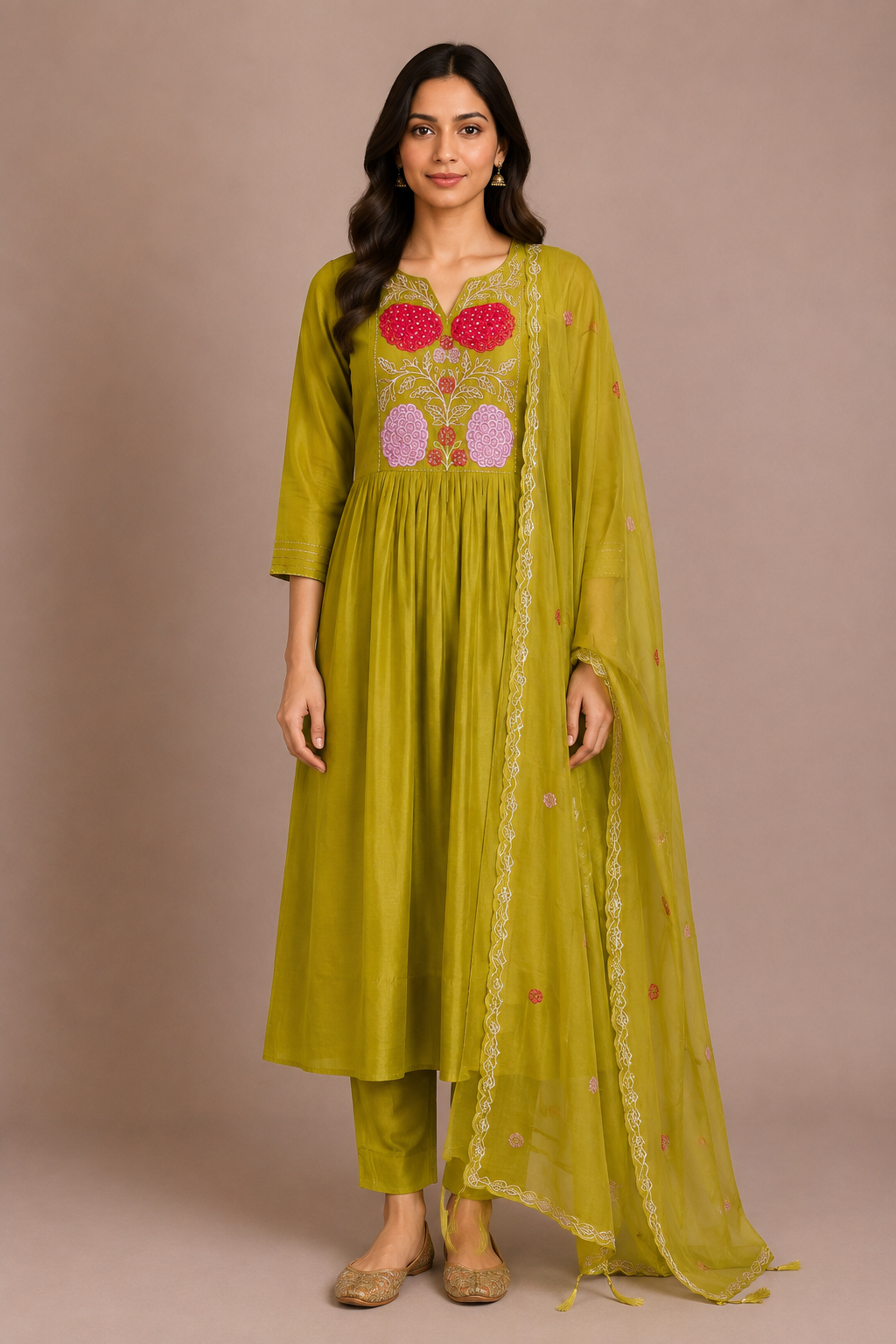 Mehendi Green Silk Embroidered Straight-Cut Suit Set