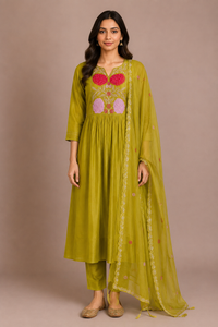 Mehendi Green Silk Embroidered Straight-Cut Suit Set