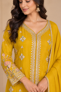 Yellow Embroidered Straight Kurta Set with Dupatta