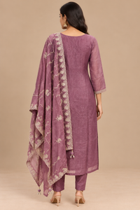 Mauve Purple Embroidered Straight Suit Set with Printed Dupatta