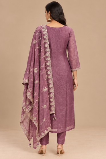 Mauve Purple Embroidered Straight Suit Set with Printed Dupatta