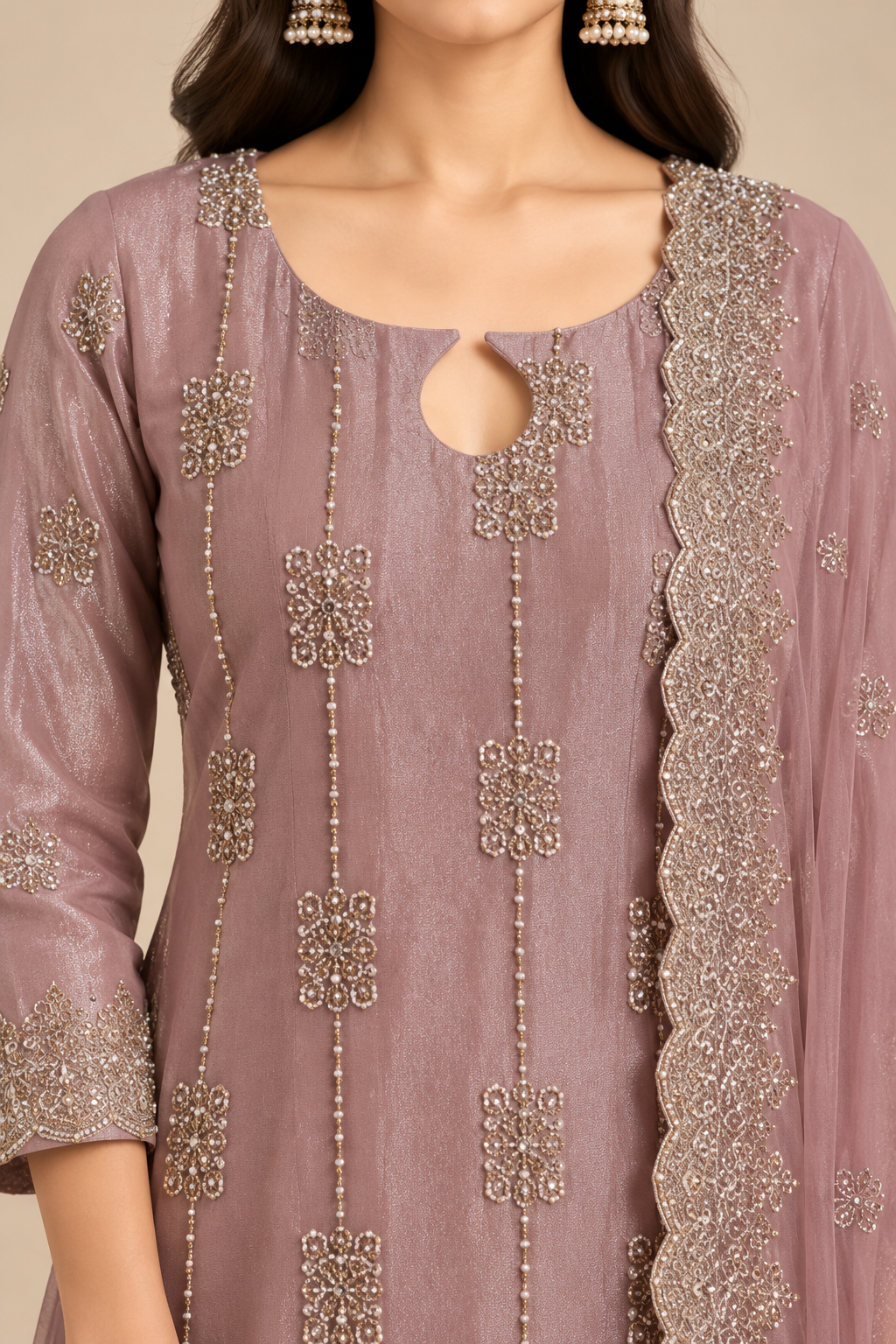 Mauve Pink Embroidered Kurta Pant Set with Matching Dupatta