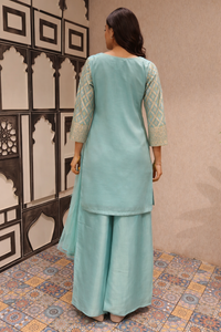 Mint Green Embroidered Brocade Silk Kurta Palazzo Set with Dupatta for Women