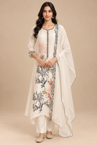 Off White Floral Embroidered Kurta Set with Dupatta