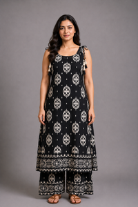 Black & White Printed Kurta Palazzo Set with Tassel Detailing