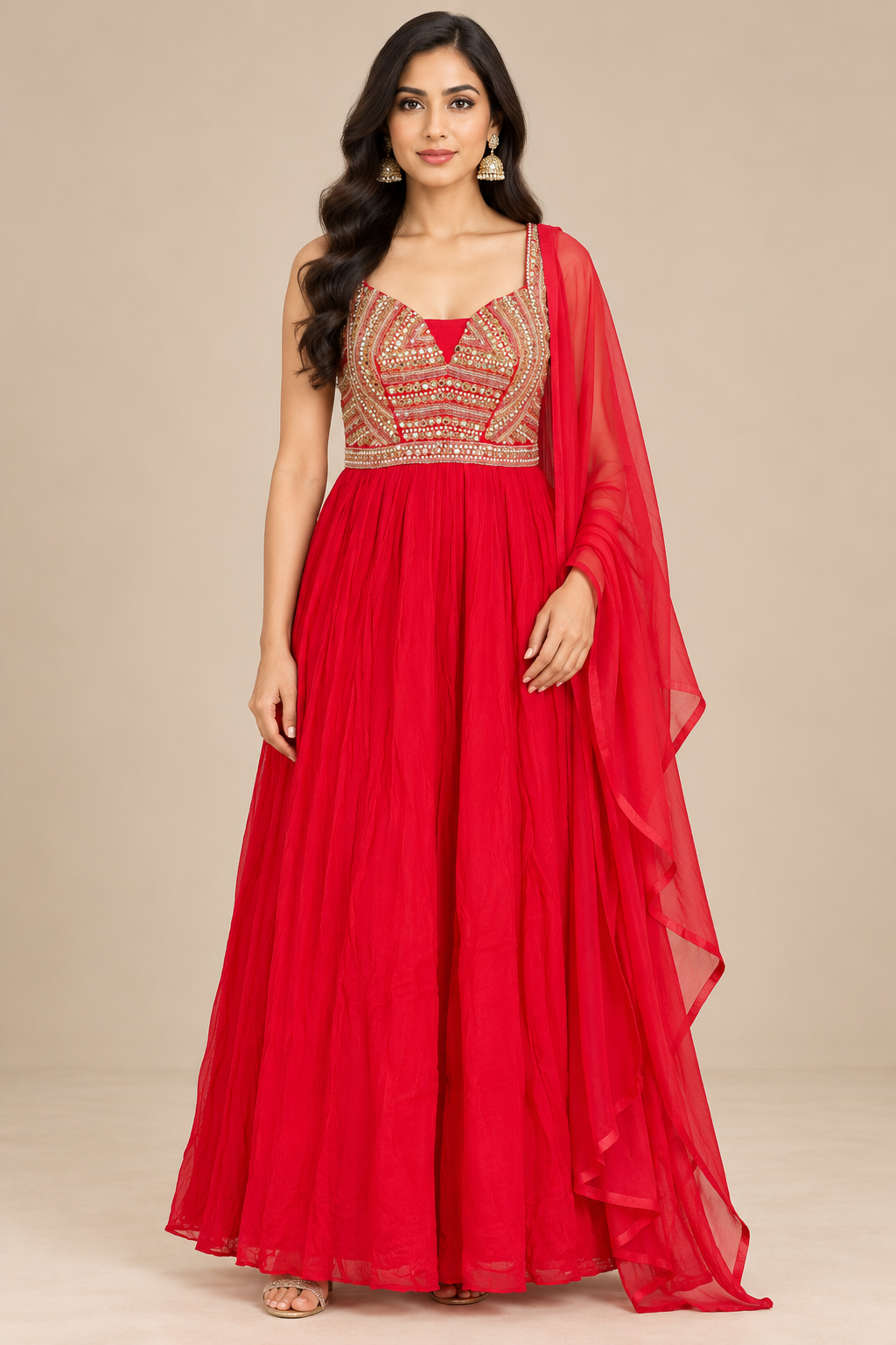 Red Embellished Floor-Length Anarkali Gown with Dupatta for Women