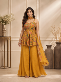 Mustard Silk Floral Printed Sharara Set with Dupatta