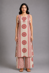 Beige and pink Printed Kurta Palazzo Set with Tassel Detailing