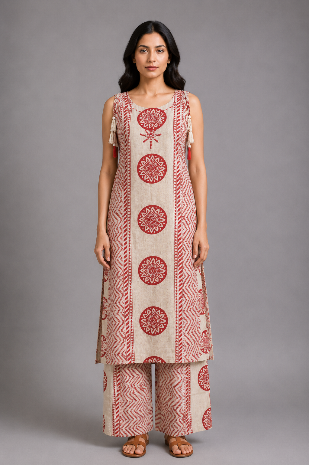 Beige and pink Printed Kurta Palazzo Set with Tassel Detailing