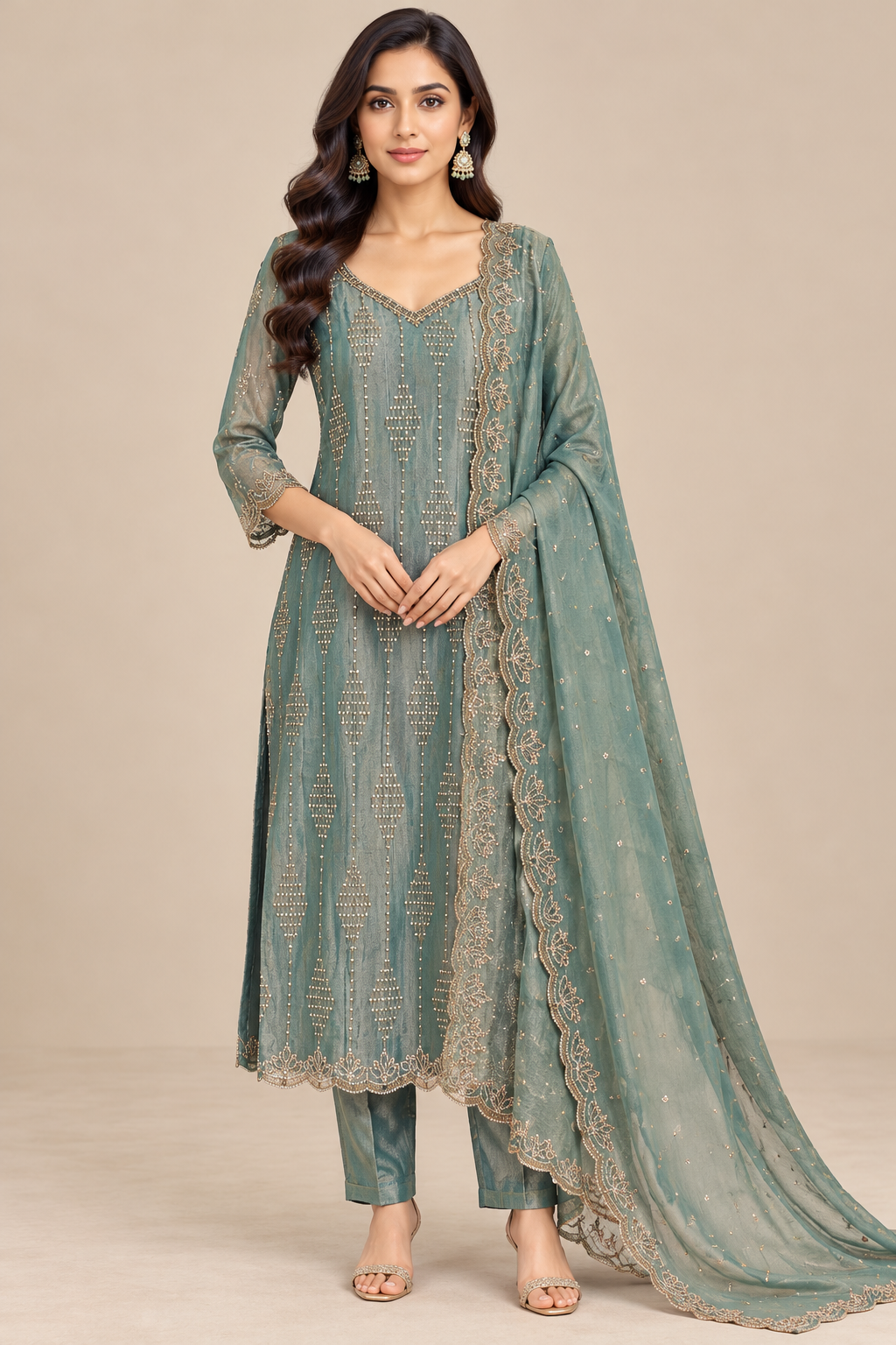 Sage Teal Embroidered Kurta Pant Set with Dupatta for Women